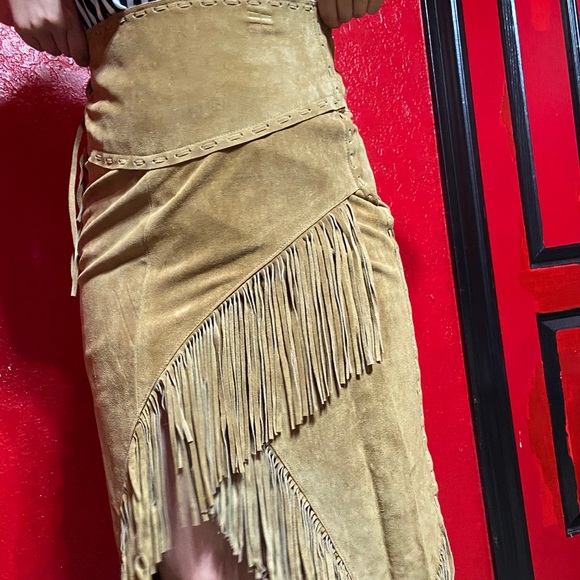 T4 West Tan Fringe Genuine Leather Skirt - Picture 2 of 11